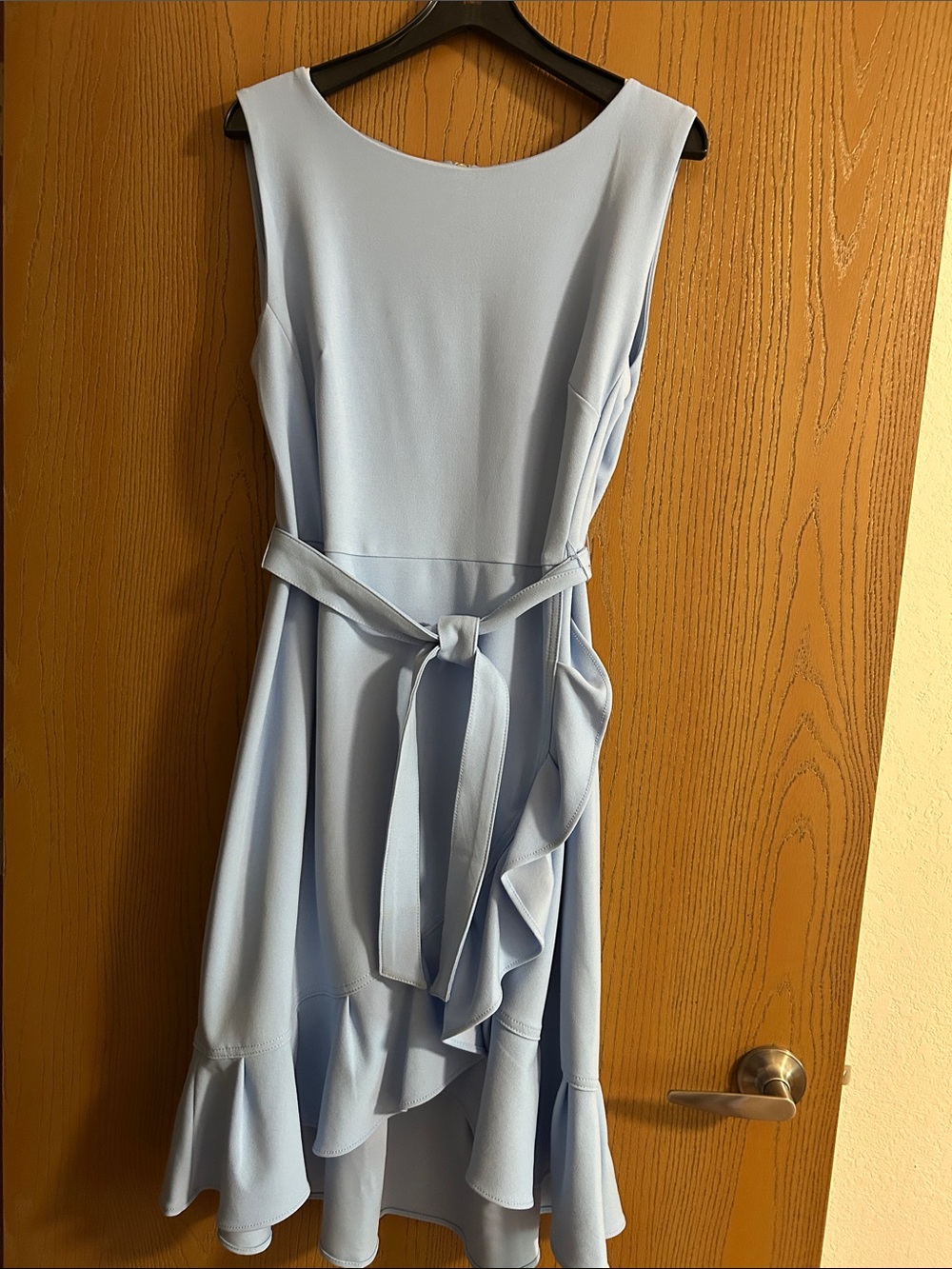 Calvin Klein Light Blue Sleeveless Midi Dress w/Self-Tie Belt Graduated Ruffle
